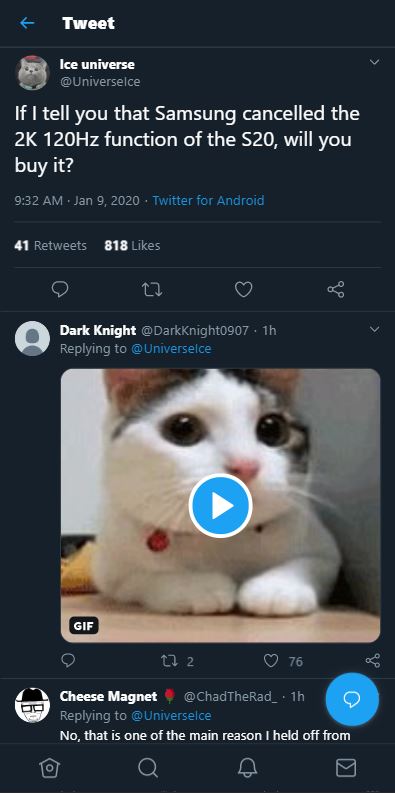 iceuniverse tweet 120hz