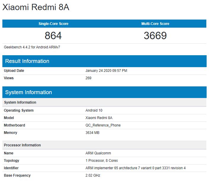 redmi 8a geekbench