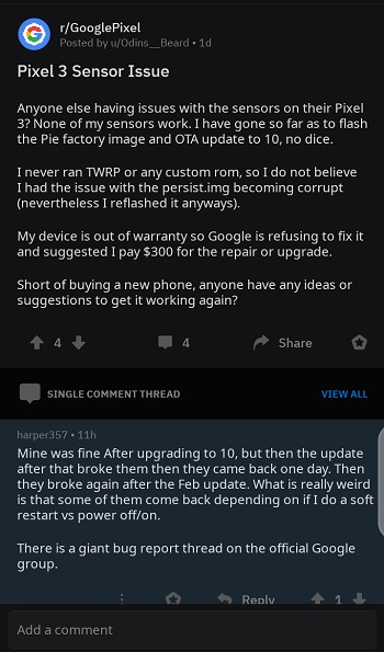 Google-Pixel-3-sensors-issue-after-February-update