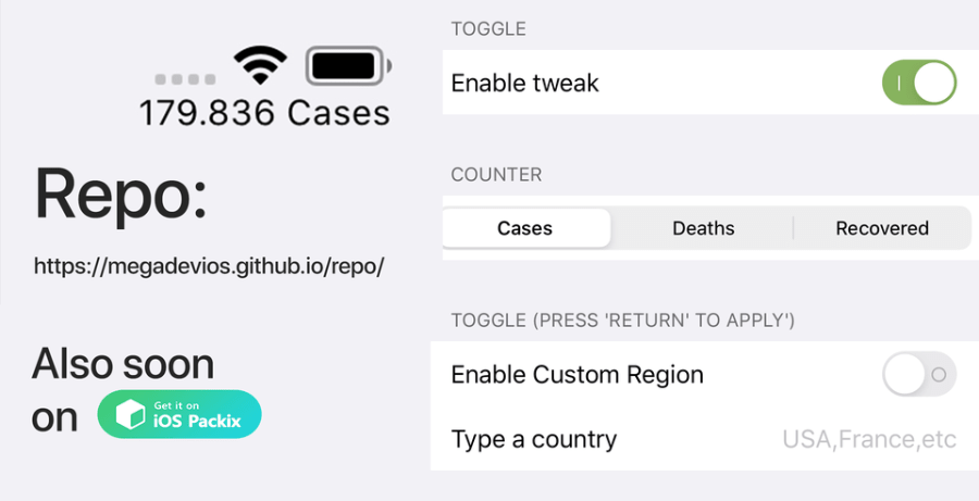 Track Coronavirus (COVID-19) statistics in status bar of your Jailbroken iOS device using CoronaCount Track Coronavirus (COVID-19) statistics in status bar of your Jailbroken iOS device using CoronaCount