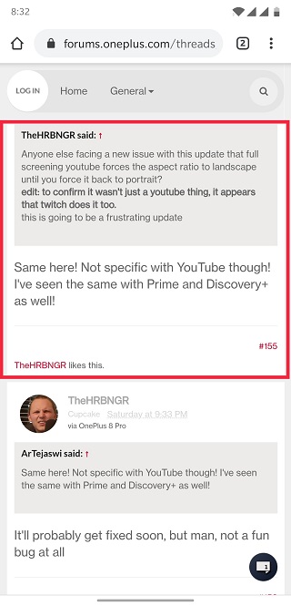 oneplus 8 auto rotation issue other platforms affected