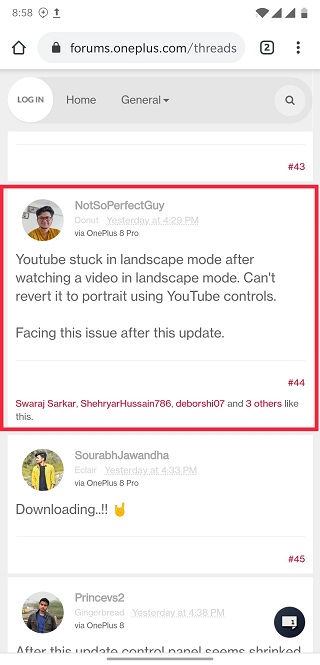youtube stuck in landscape oneplus 8