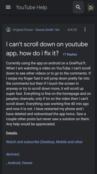 YouTube scrolling issues
