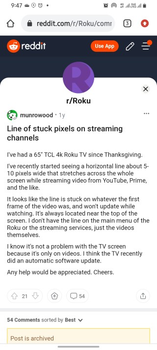 lines stuck on roku display reddit